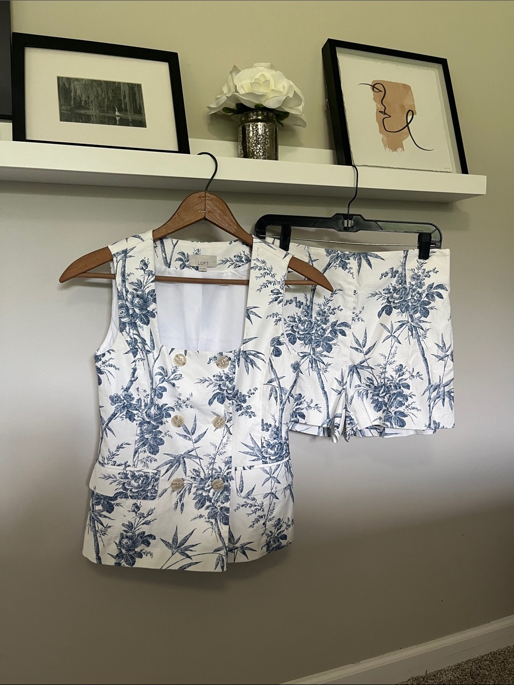 LOFT White and Blue Floral Sleeveless Vest & Shorts Set